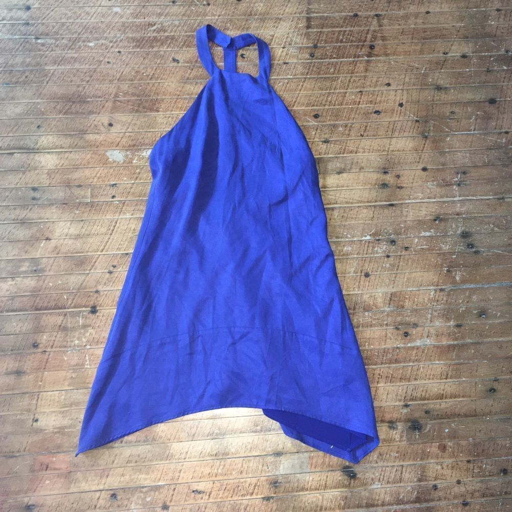 NBD blue high neck asymmetrical hem sleeveless date night minidress